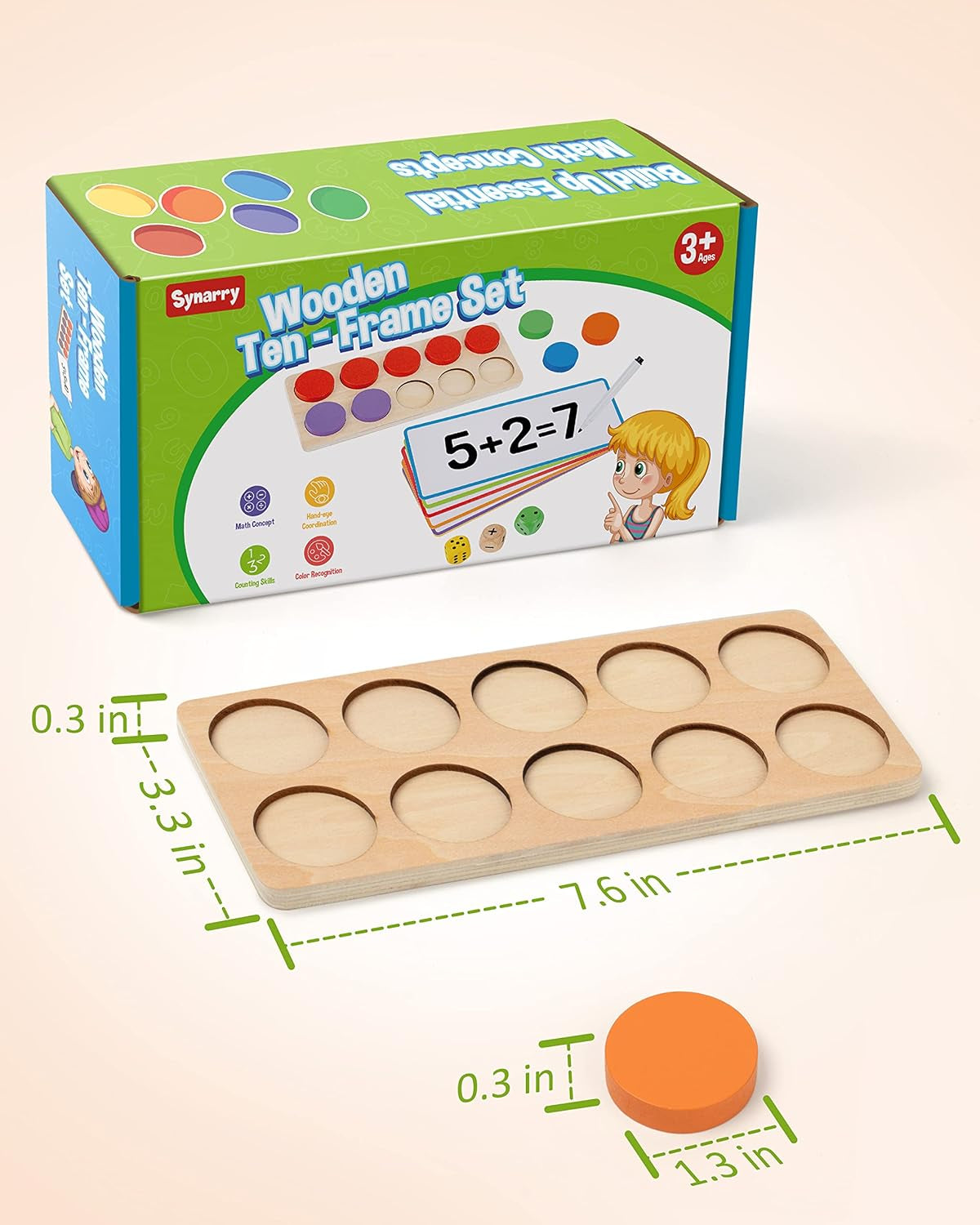Wooden Ten-Frame Set Math Manipulatives for Kindergarten Elementary 1St 2Nd Grade Homeschooling, Addition and Subtraction Montessori Math Games for Chirldren, Counters Toys for Kids Ages 3-8
