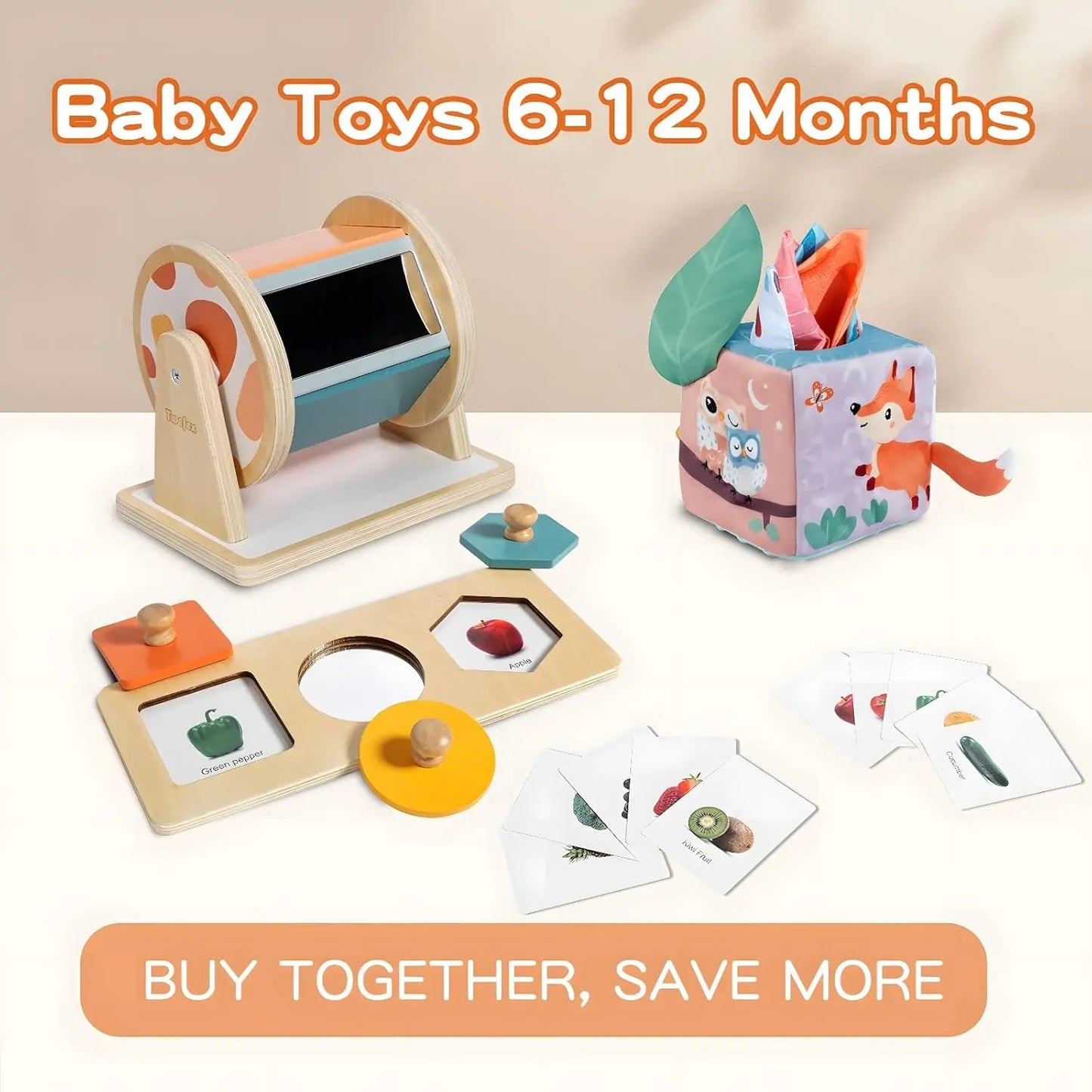 Baby Toys 6-12 Months - 3-in-1 Montessori Play Kit (Spinning Drum + Tissue Box + Puzzle)