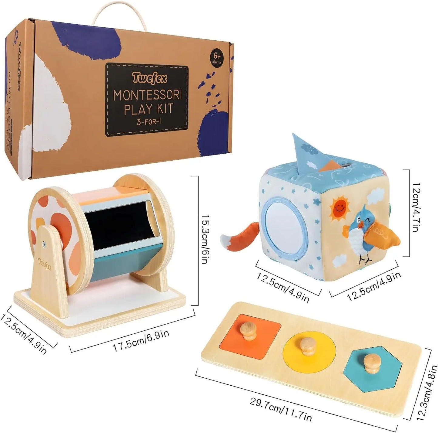 Baby Toys 6-12 Months - 3-in-1 Montessori Play Kit (Spinning Drum + Tissue Box + Puzzle)