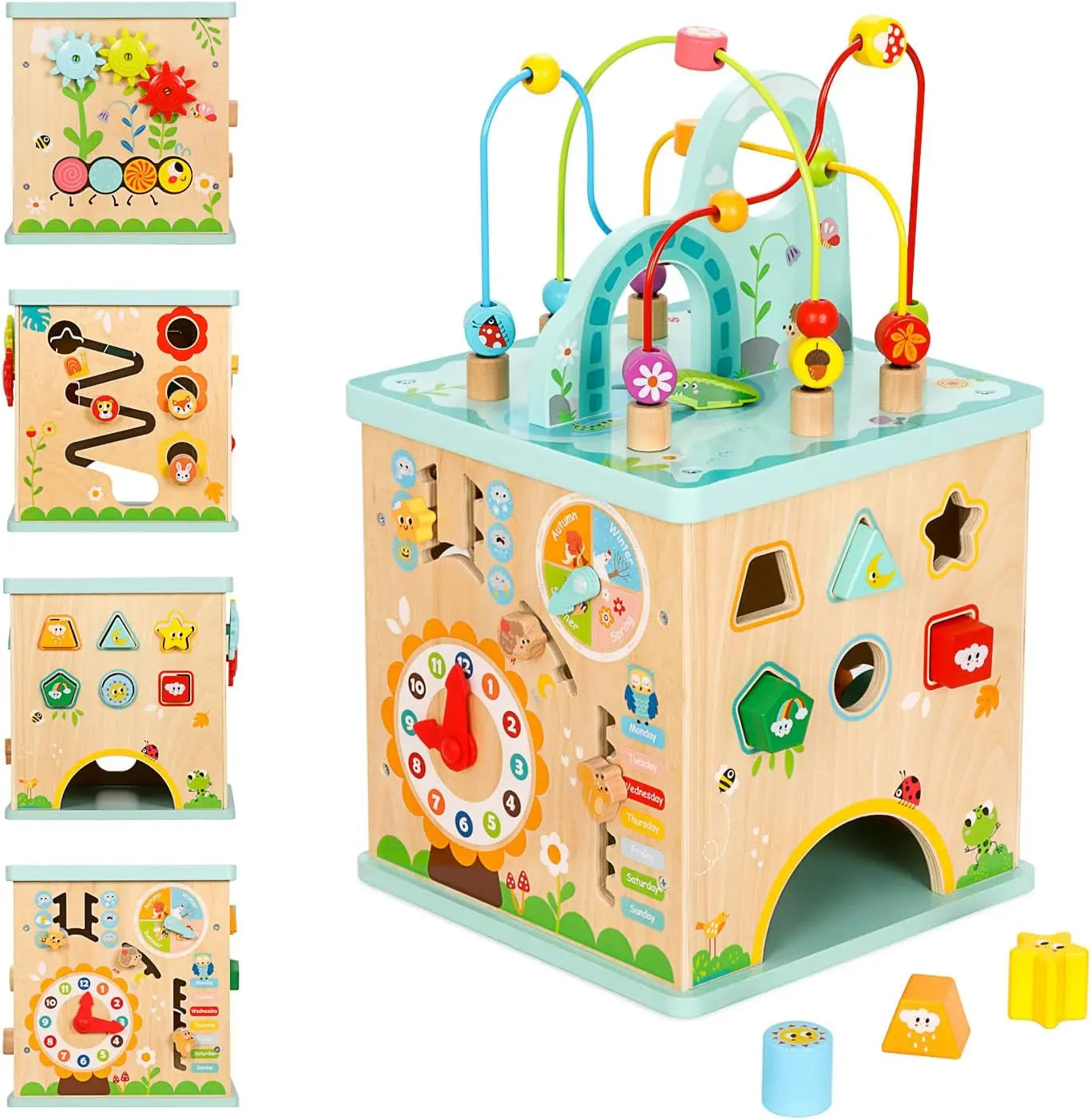 Montessori Activity Center for Babies - 5-in-1 Sensory Play Cube with Bead Maze & Shape Sorter
