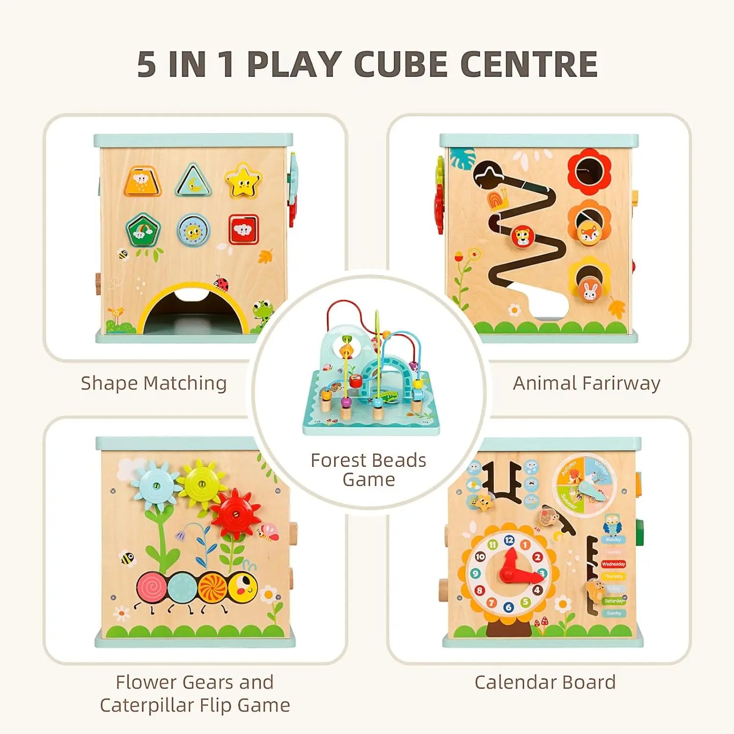 Montessori Activity Center for Babies - 5-in-1 Sensory Play Cube with Bead Maze & Shape Sorter