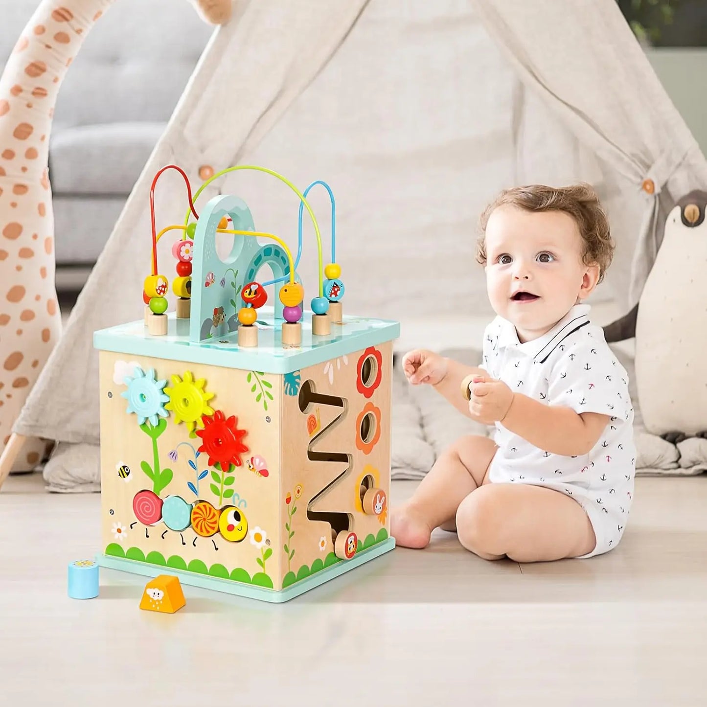Montessori Activity Center for Babies - 5-in-1 Sensory Play Cube with Bead Maze & Shape Sorter