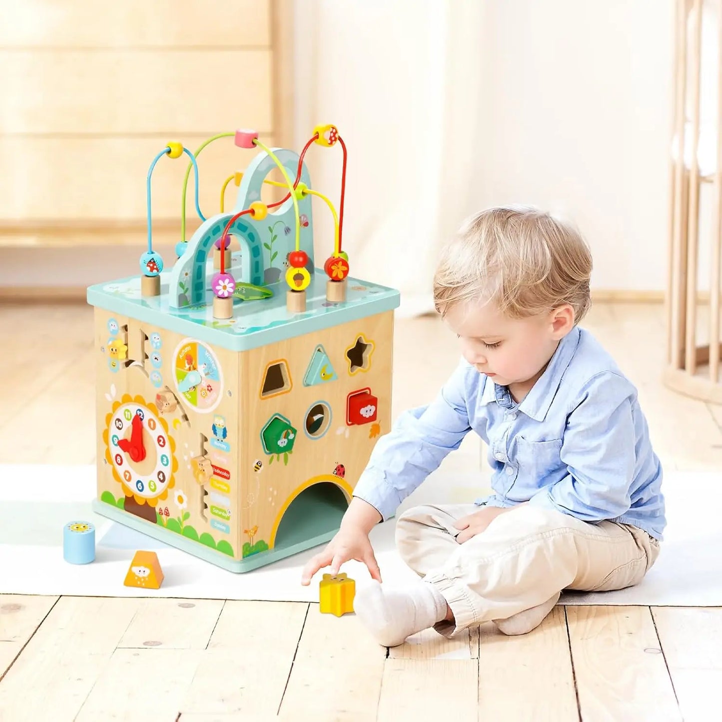 Montessori Activity Center for Babies - 5-in-1 Sensory Play Cube with Bead Maze & Shape Sorter