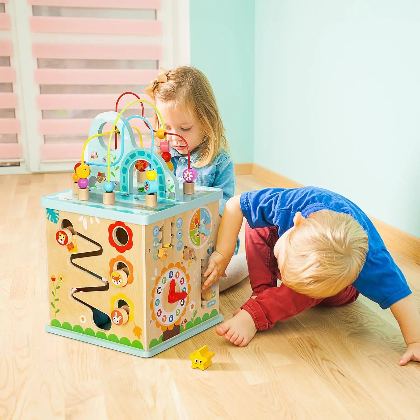 Montessori Activity Center for Babies - 5-in-1 Sensory Play Cube with Bead Maze & Shape Sorter
