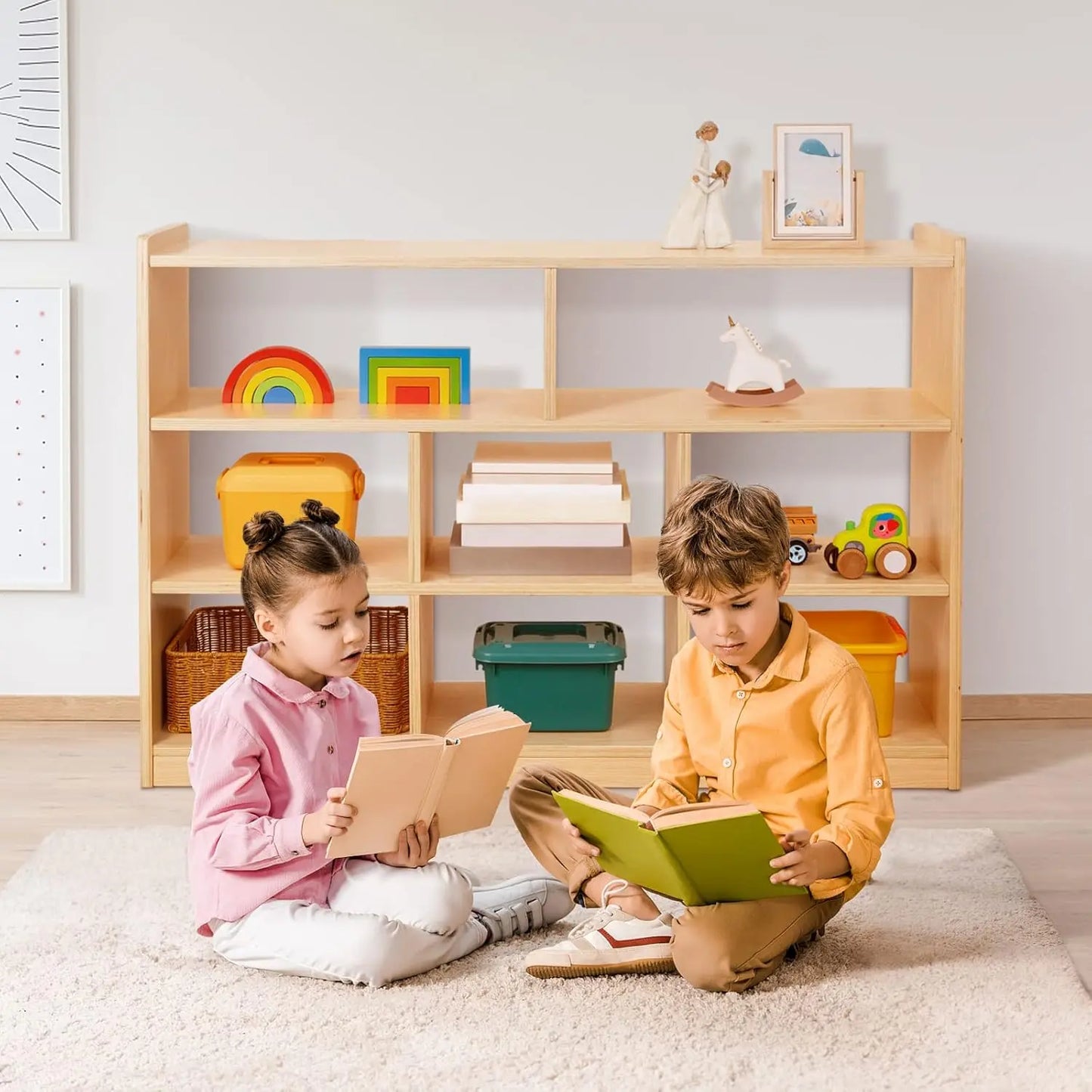 Montessori Bookshelf for Kids - 8-Section Wood Storage Cabinet (Toy Organizer & Book Display)