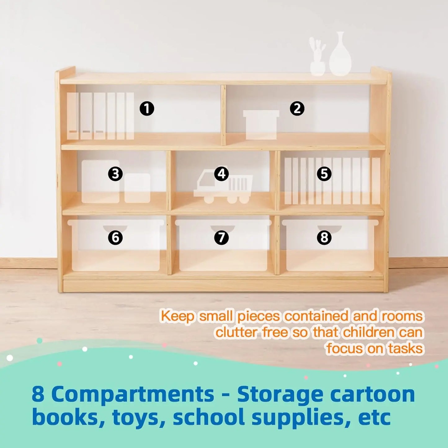 Montessori Bookshelf for Kids - 8-Section Wood Storage Cabinet (Toy Organizer & Book Display)