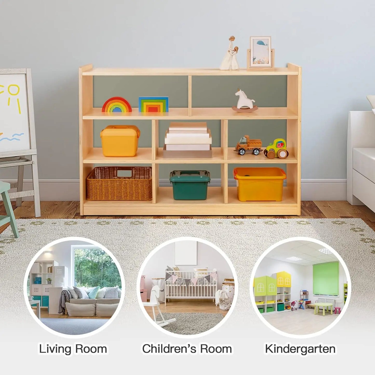 Montessori Bookshelf for Kids - 8-Section Wood Storage Cabinet (Toy Organizer & Book Display)
