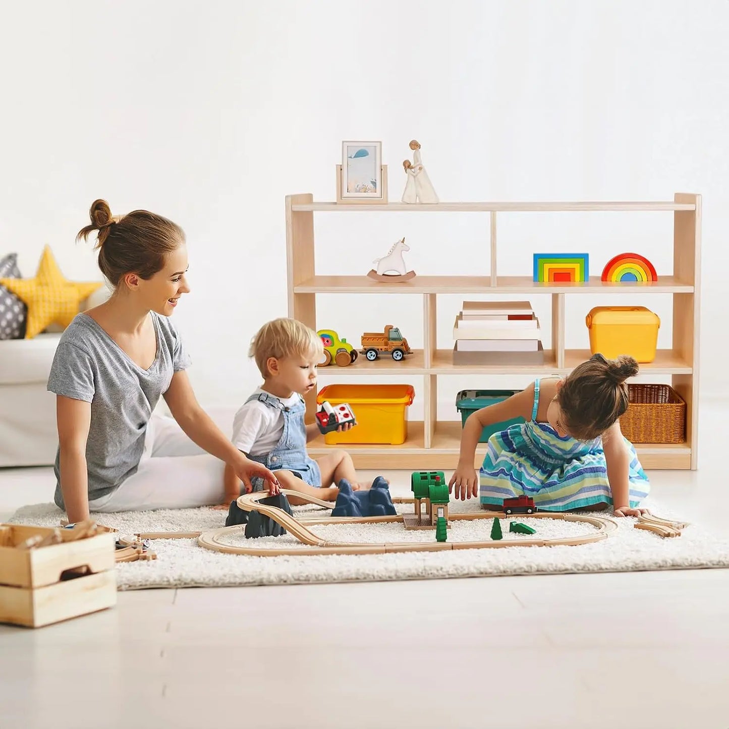 Montessori Bookshelf for Kids - 8-Section Wood Storage Cabinet (Toy Organizer & Book Display)