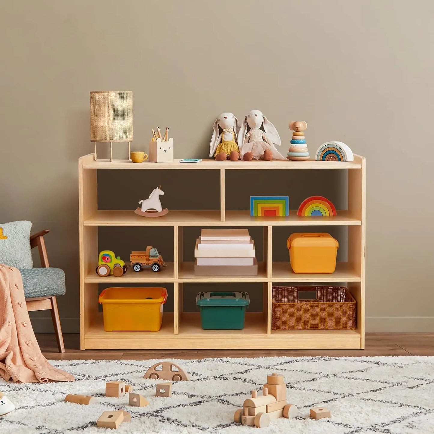 Montessori Bookshelf for Kids - 8-Section Wood Storage Cabinet (Toy Organizer & Book Display)