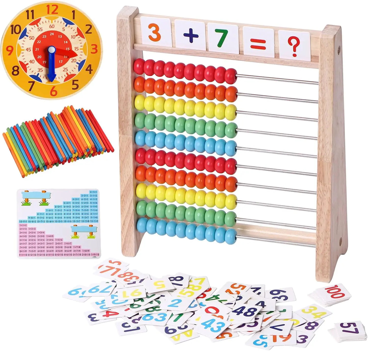 Montessori Math Abacus for Kids - Wooden Counting Toy with Clock (Ages 5-8) lzoaveus