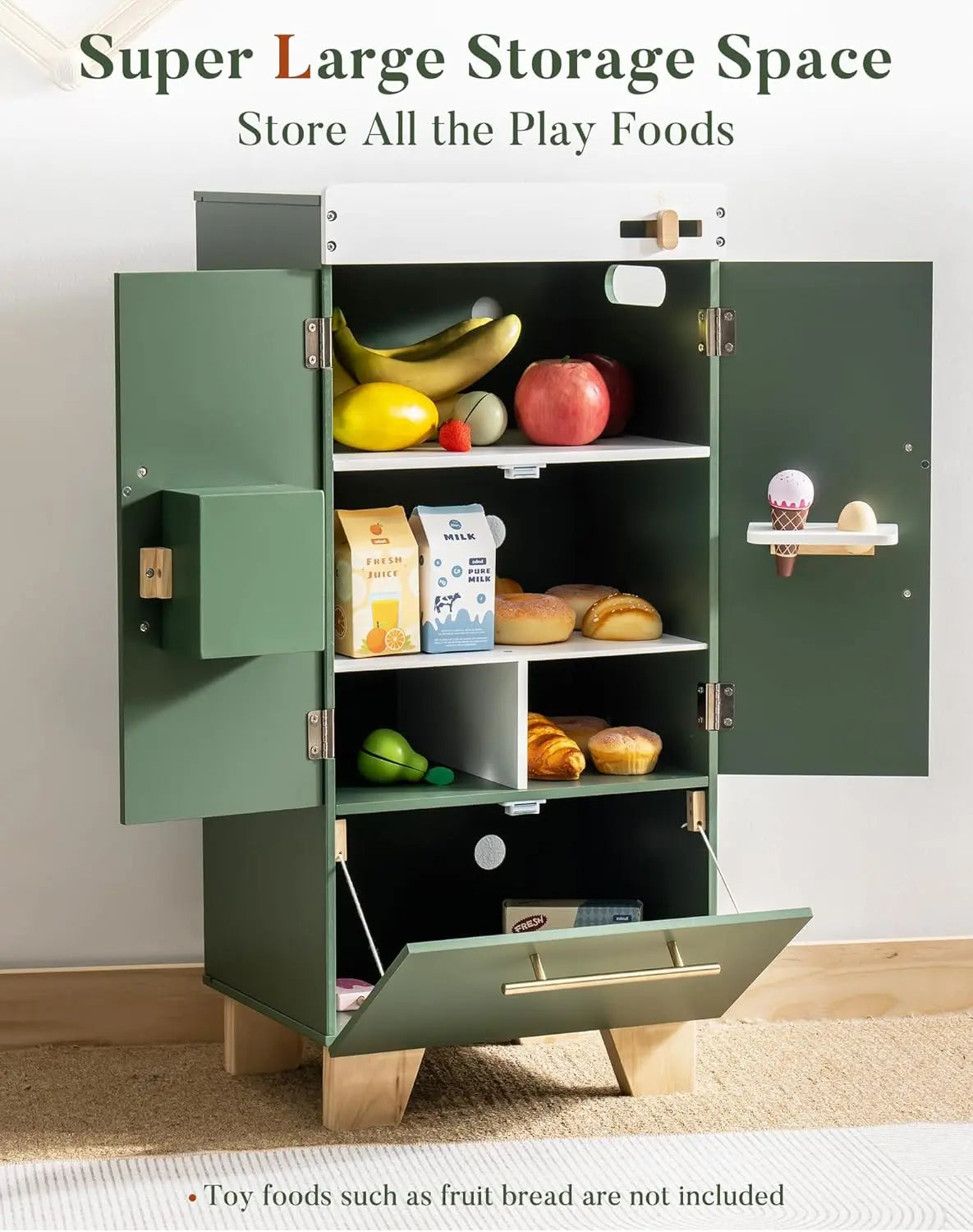 Play Kitchen Refrigerator for Kids - Vintage Green Toy Fridge with Accessories (Ages 3-8) Robud