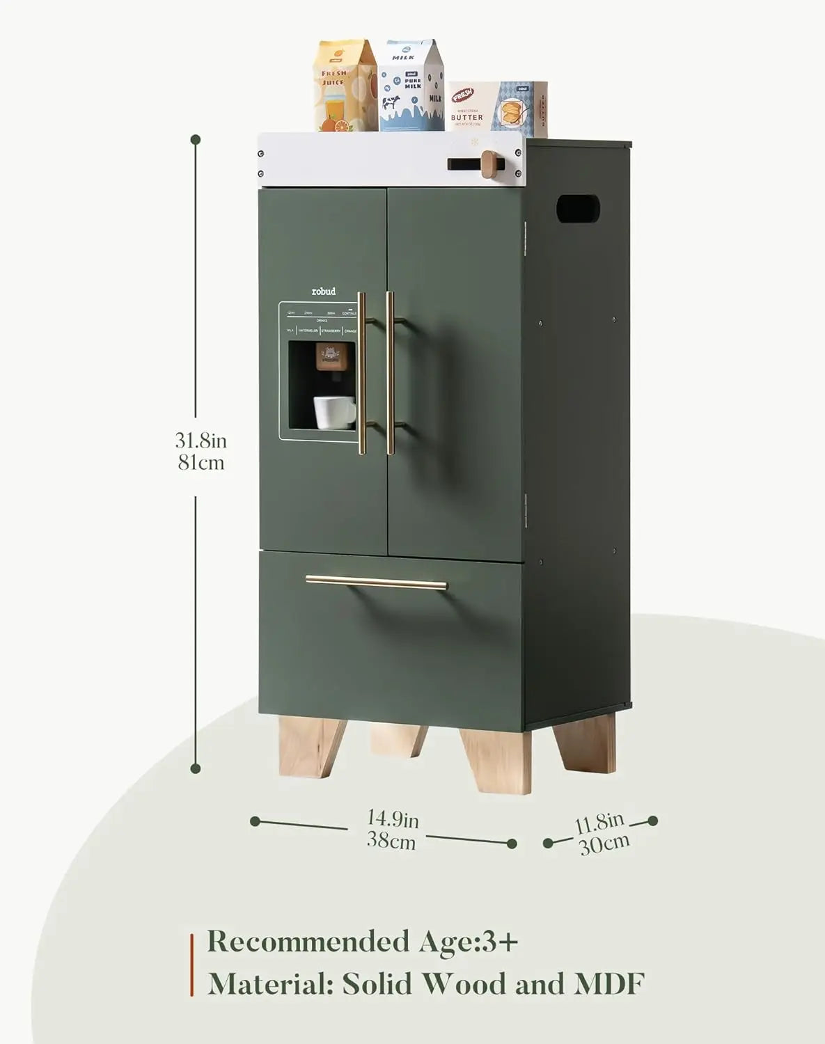 Play Kitchen Refrigerator for Kids - Vintage Green Toy Fridge with Accessories (Ages 3-8) Robud