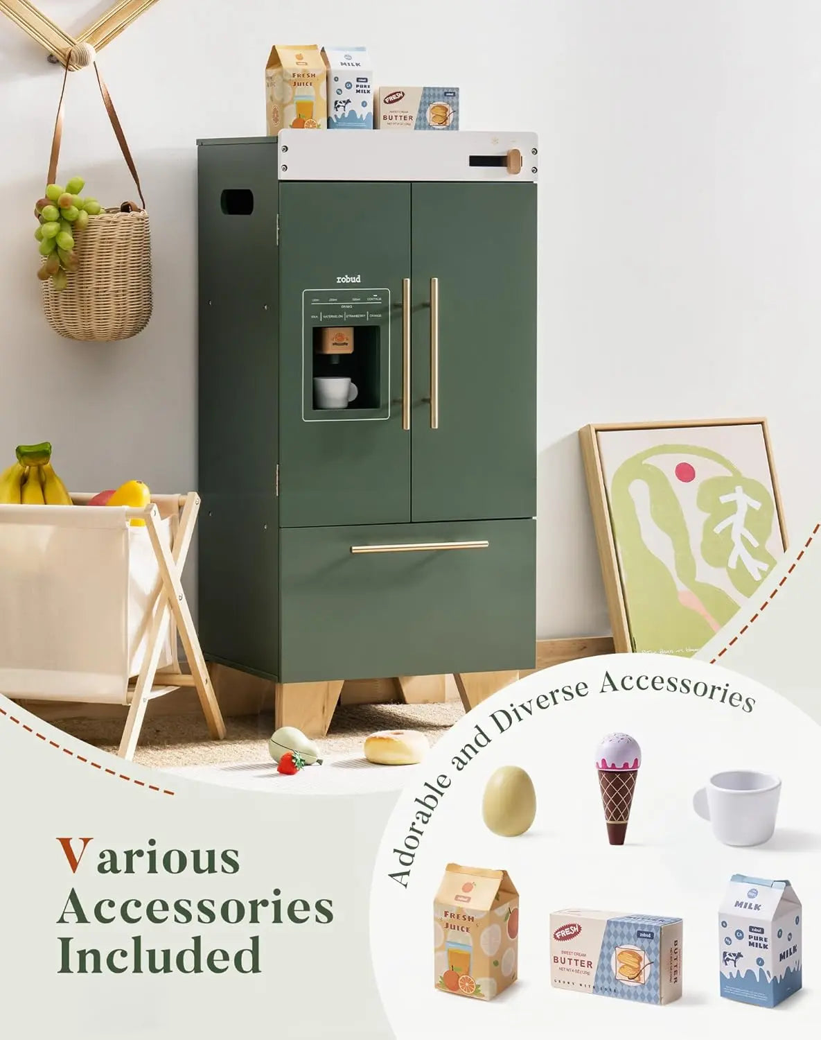 Play Kitchen Refrigerator for Kids - Vintage Green Toy Fridge with Accessories (Ages 3-8) Robud