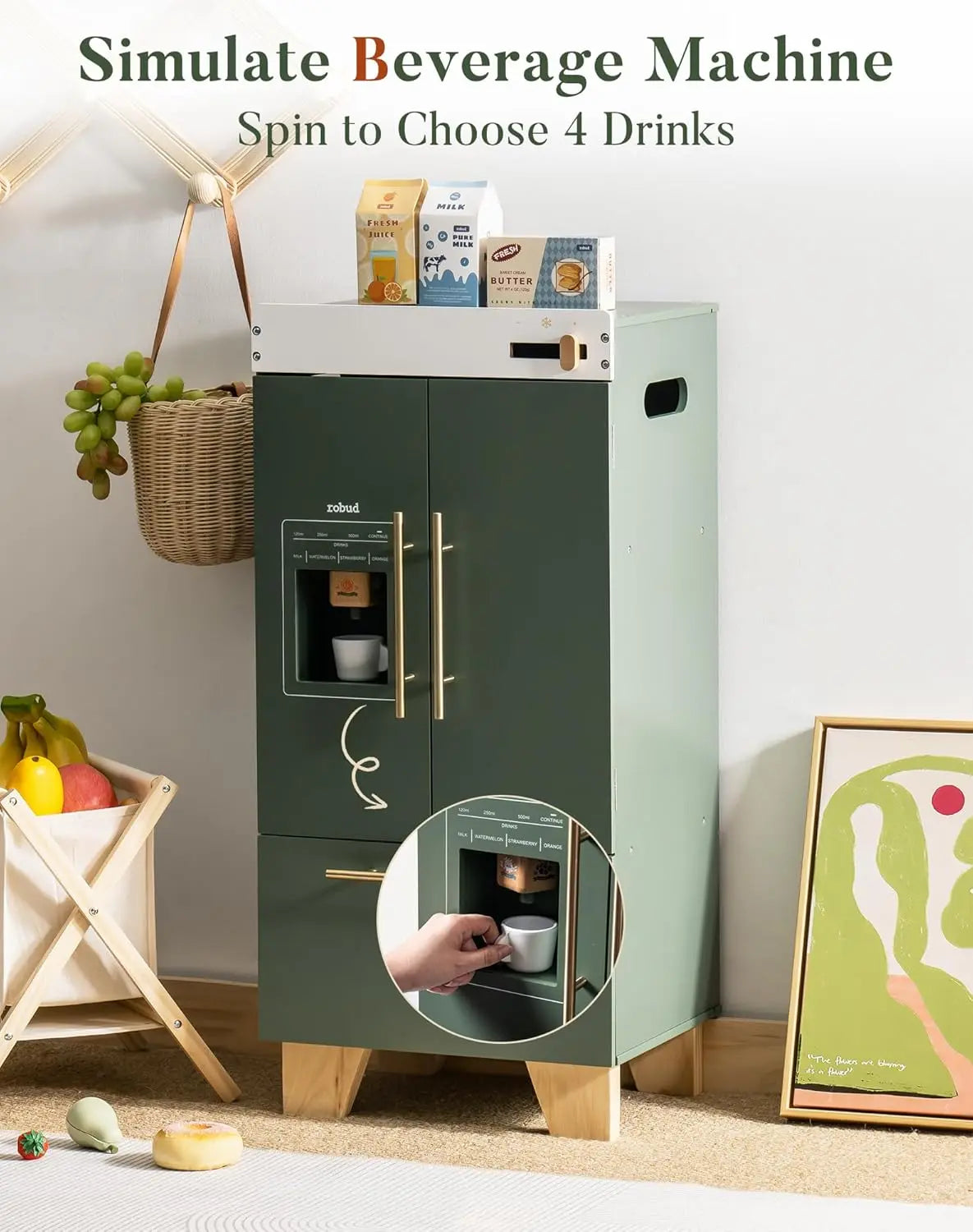 Play Kitchen Refrigerator for Kids - Vintage Green Toy Fridge with Accessories (Ages 3-8) Robud