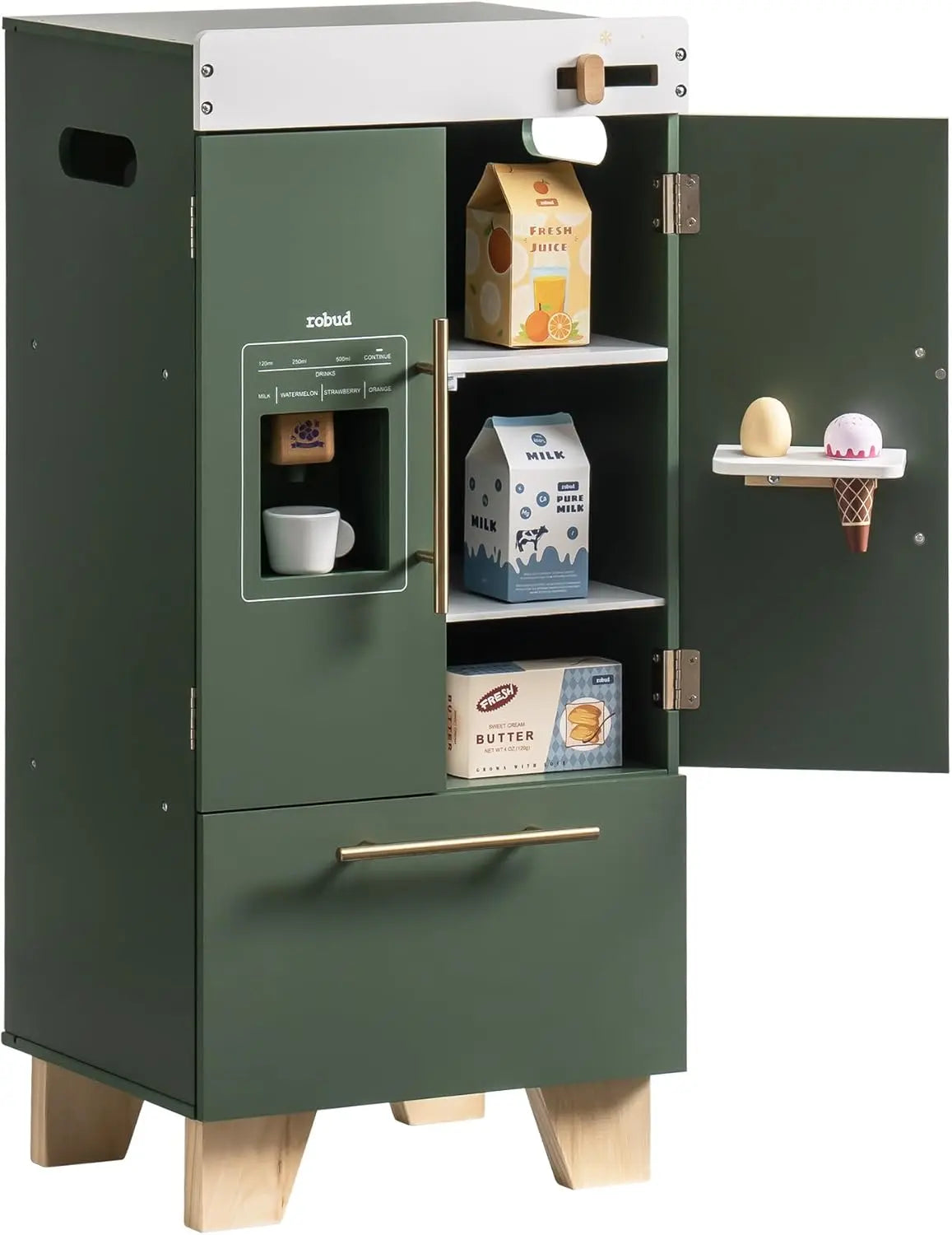 Play Kitchen Refrigerator for Kids - Vintage Green Toy Fridge with Accessories (Ages 3-8) Robud