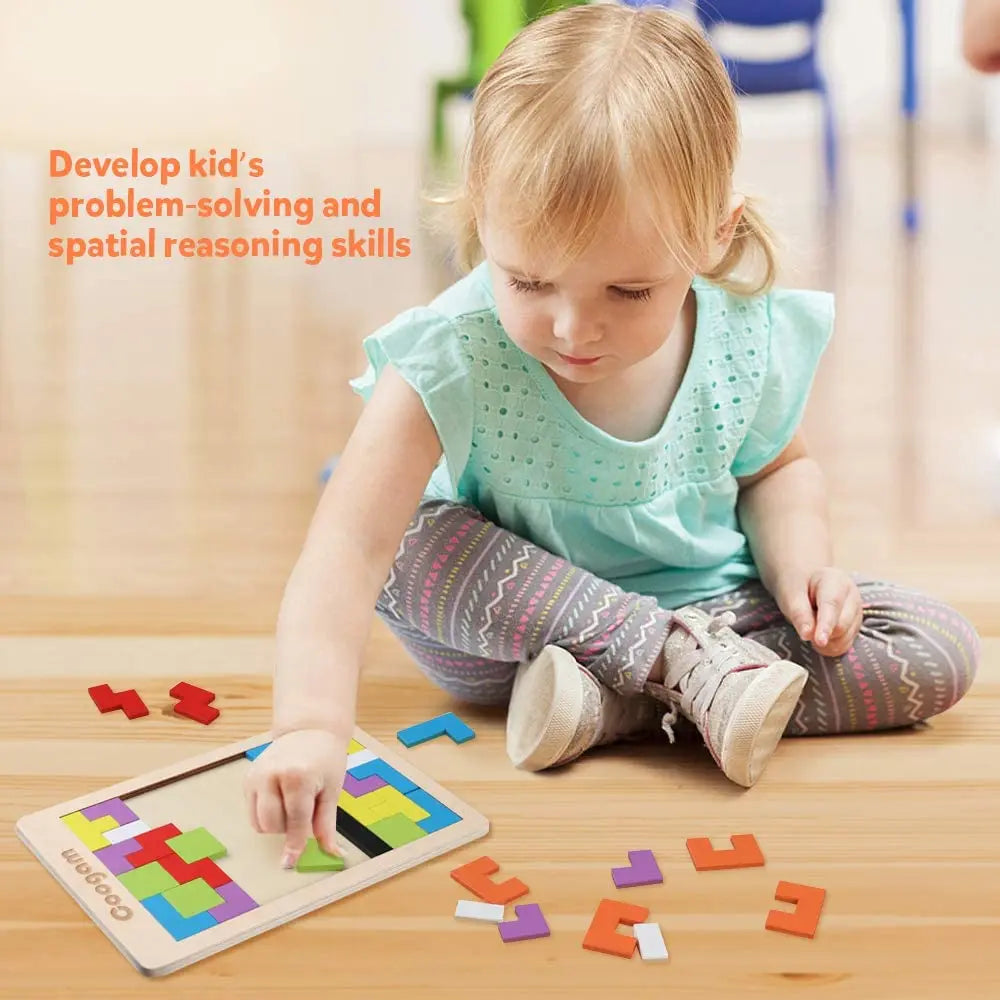 Wooden Brain Teasers Toy - 40PCS Tangram Puzzle Blocks (STEM Educational Gift for Kids) Coogam