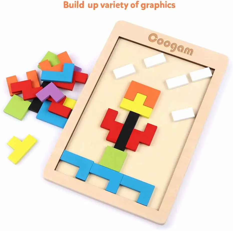 Wooden Brain Teasers Toy - 40PCS Tangram Puzzle Blocks (STEM Educational Gift for Kids) Coogam