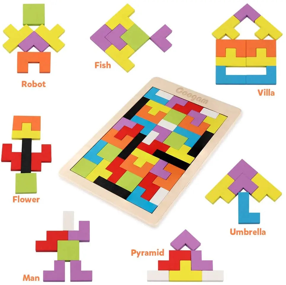 Wooden Brain Teasers Toy - 40PCS Tangram Puzzle Blocks (STEM Educational Gift for Kids) Coogam