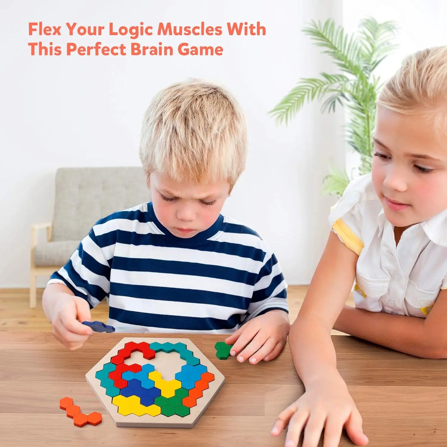 Wooden Hexagon Puzzle Game - Tangram Brain Teaser for Kids & Adults (STEM Educational Toy) Coogam
