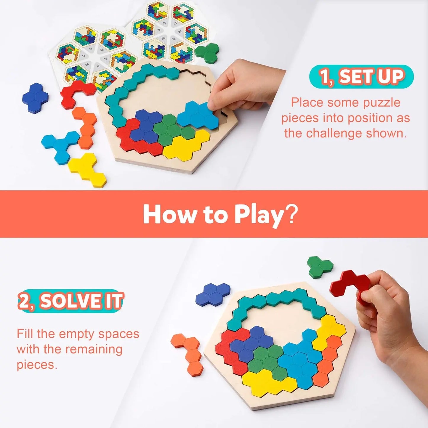 Wooden Hexagon Puzzle Game - Tangram Brain Teaser for Kids & Adults (STEM Educational Toy) Coogam