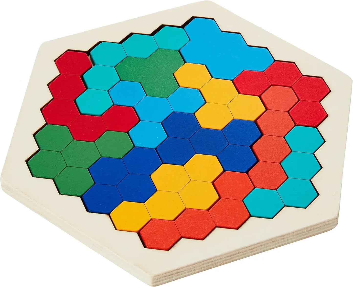 Wooden Hexagon Puzzle Game - Tangram Brain Teaser for Kids & Adults (STEM Educational Toy) Coogam