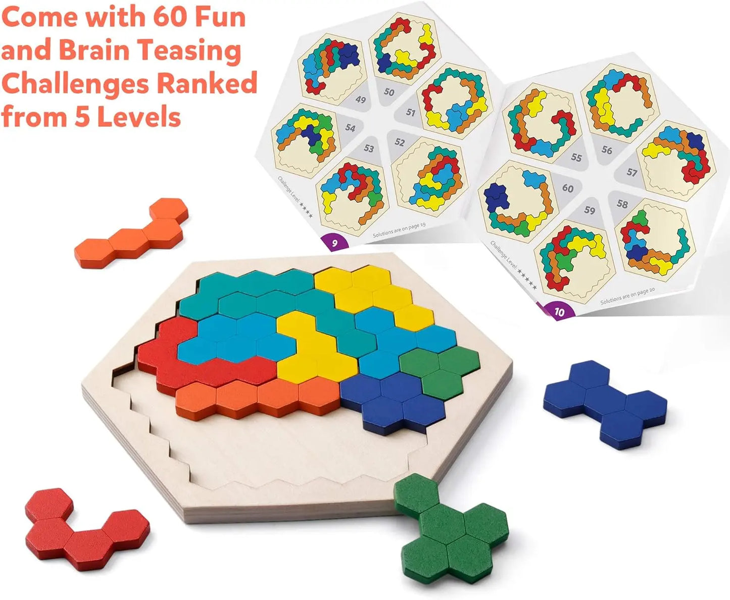 Wooden Hexagon Puzzle Game - Tangram Brain Teaser for Kids & Adults (STEM Educational Toy) Coogam