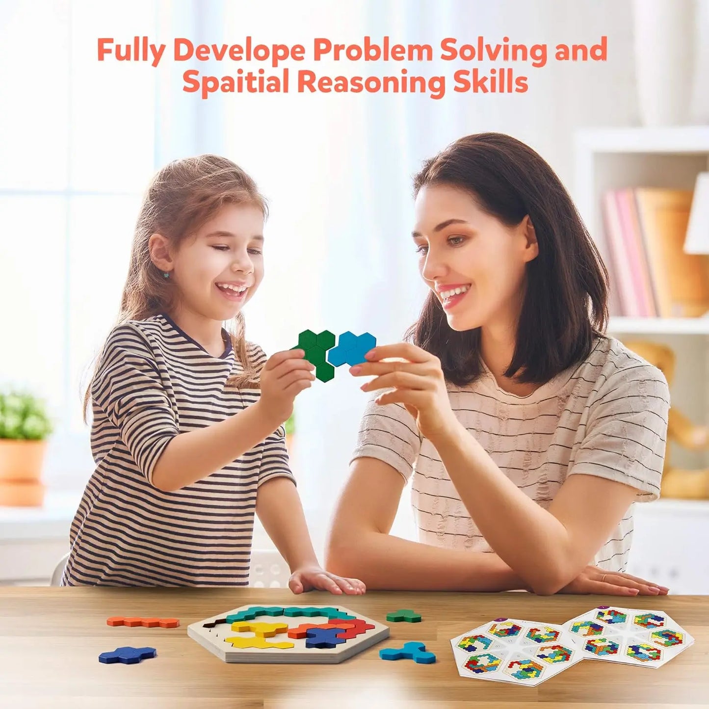 Wooden Hexagon Puzzle Game - Tangram Brain Teaser for Kids & Adults (STEM Educational Toy) Coogam