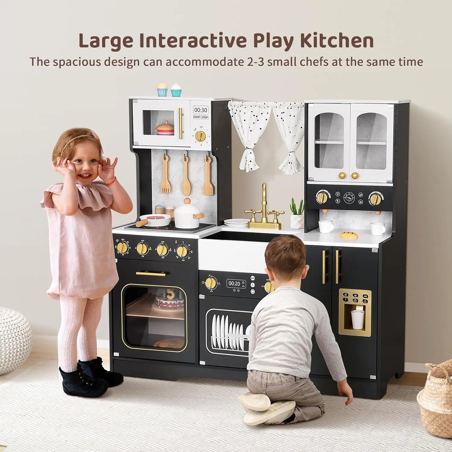 Wooden Play Kitchen for Kids - Realistic Toy Set with Lights, Sounds & 14 Accessories
