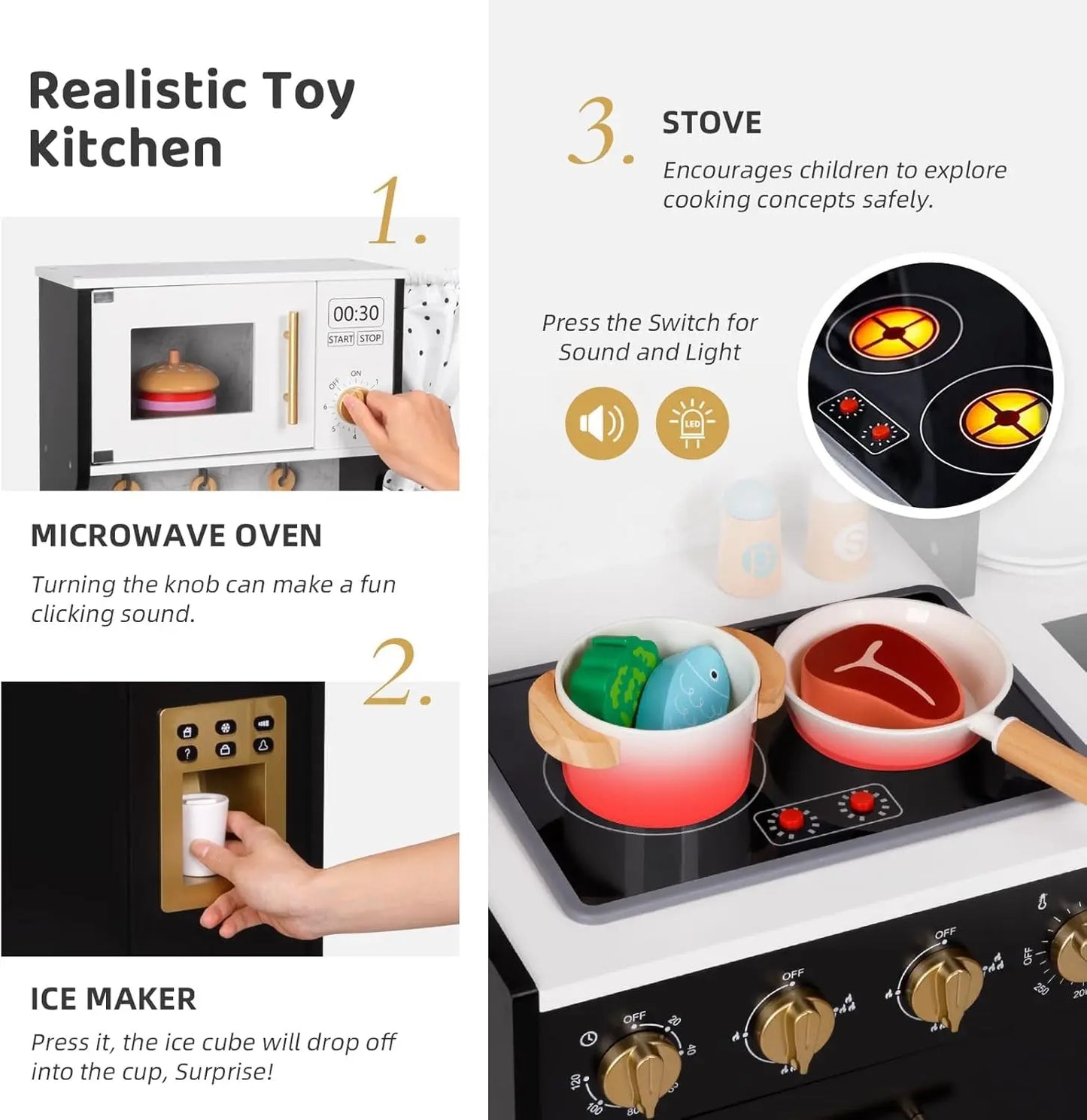 Wooden Play Kitchen for Kids - Realistic Toy Set with Lights, Sounds & 14 Accessories