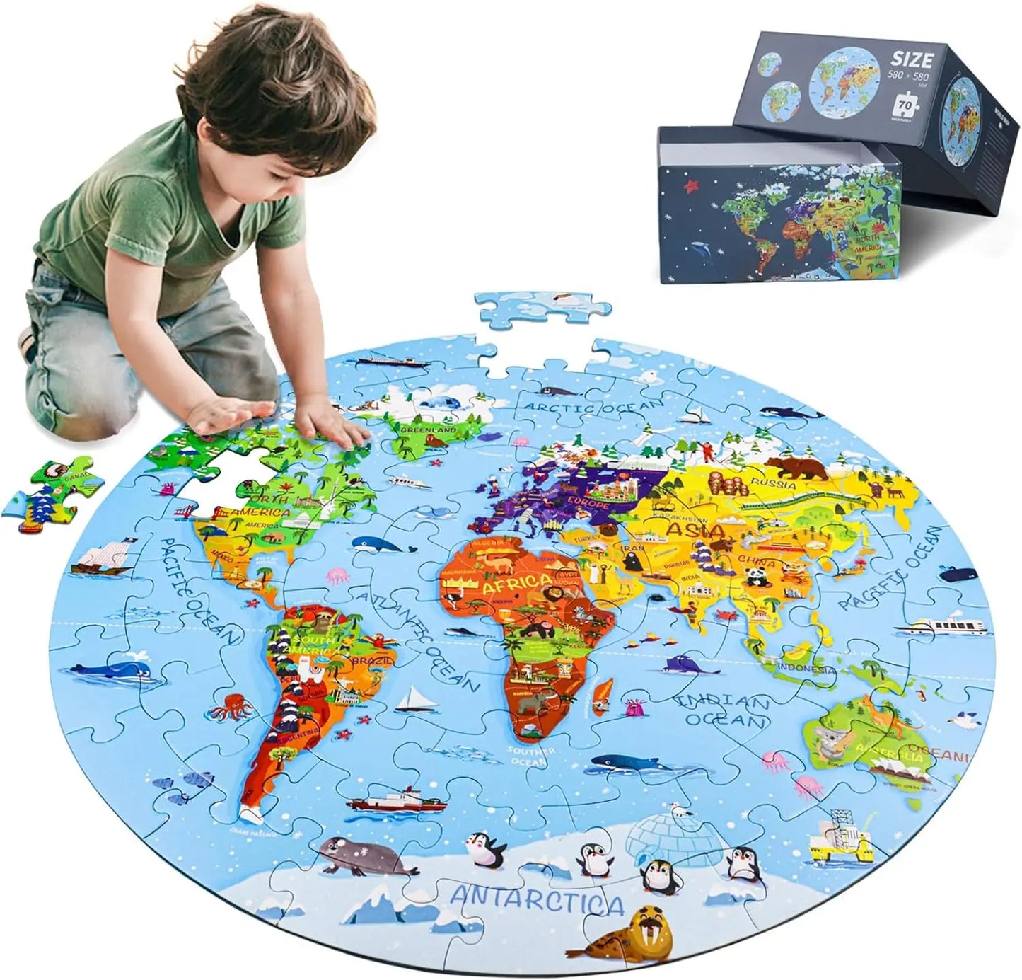 World Map Puzzle for Kids - 70-Piece Round Floor Puzzle (Ages 4-8) DIGOBAY