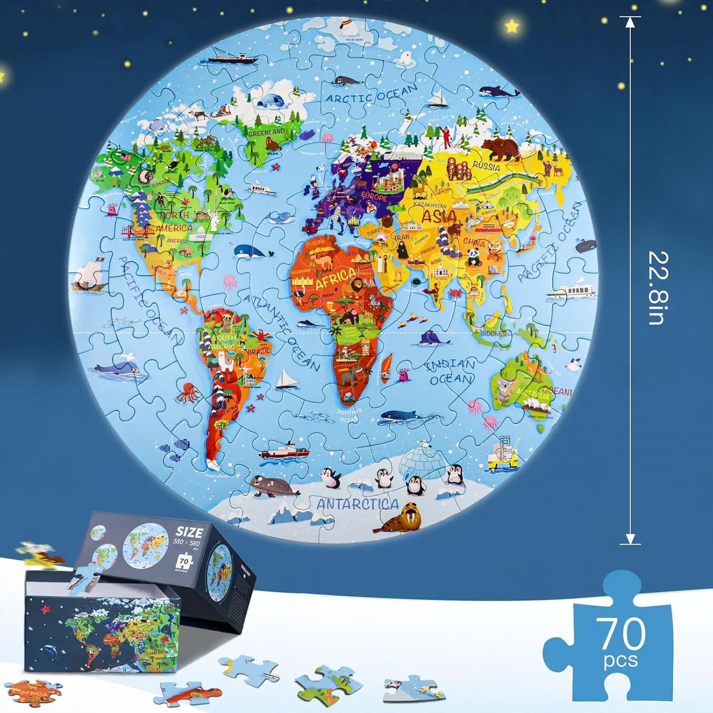 World Map Puzzle for Kids - 70-Piece Round Floor Puzzle (Ages 4-8) DIGOBAY