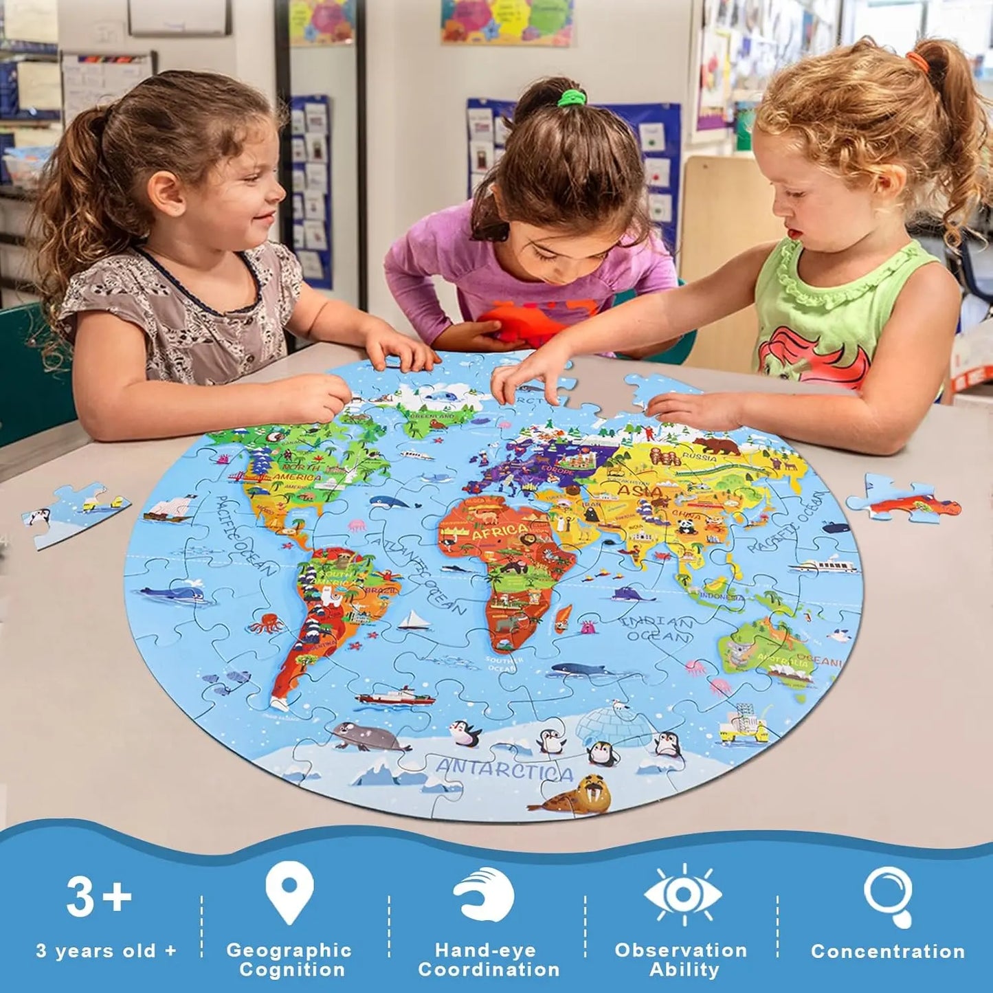 World Map Puzzle for Kids - 70-Piece Round Floor Puzzle (Ages 4-8) DIGOBAY
