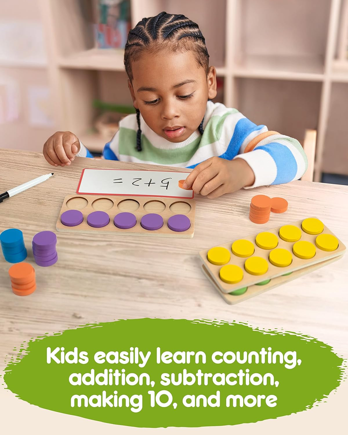 Wooden Ten-Frame Set Math Manipulatives for Kindergarten Elementary 1St 2Nd Grade Homeschooling, Addition and Subtraction Montessori Math Games for Chirldren, Counters Toys for Kids Ages 3-8