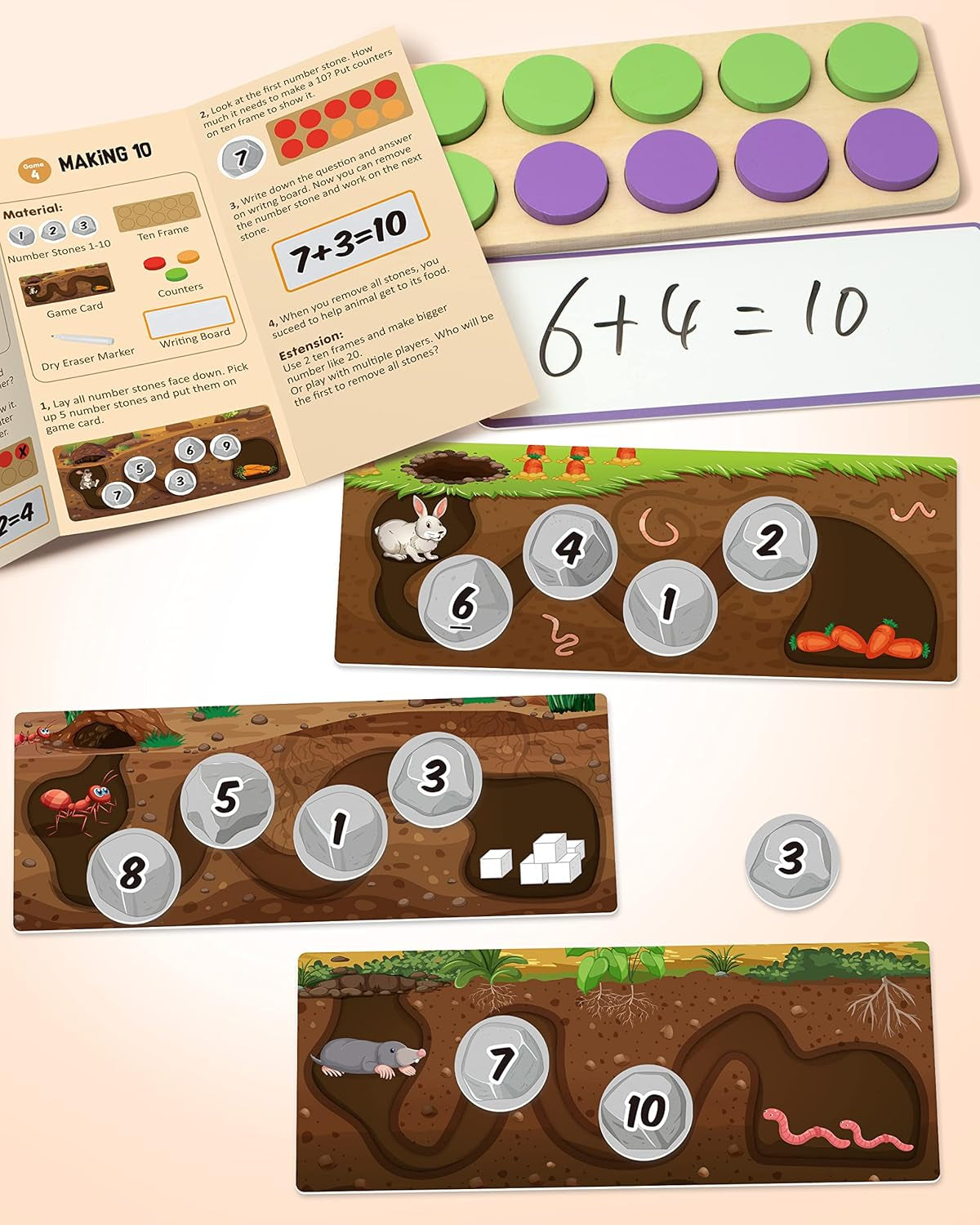 Wooden Ten-Frame Set Math Manipulatives for Kindergarten Elementary 1St 2Nd Grade Homeschooling, Addition and Subtraction Montessori Math Games for Chirldren, Counters Toys for Kids Ages 3-8