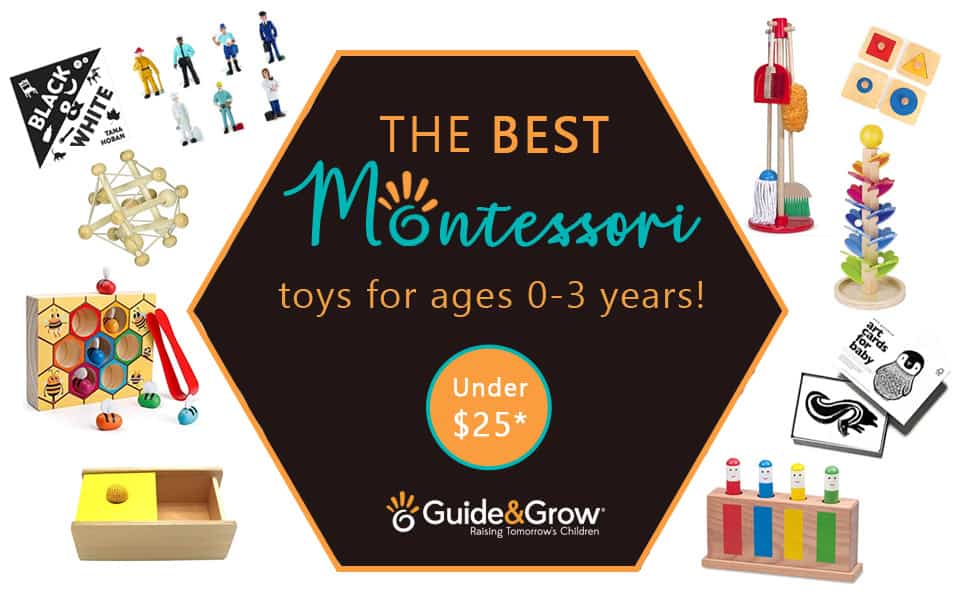 Montessori toys for babies, toddlers and kids sorted by age group - wooden educational toys on shelf