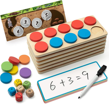 Wooden Ten-Frame Set Math Manipulatives for Kindergarten Elementary 1St 2Nd Grade Homeschooling, Addition and Subtraction Montessori Math Games for Chirldren, Counters Toys for Kids Ages 3-8