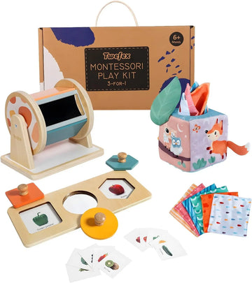 Baby Toys 6-12 Months - 3-in-1 Montessori Play Kit (Spinning Drum + Tissue Box + Puzzle)