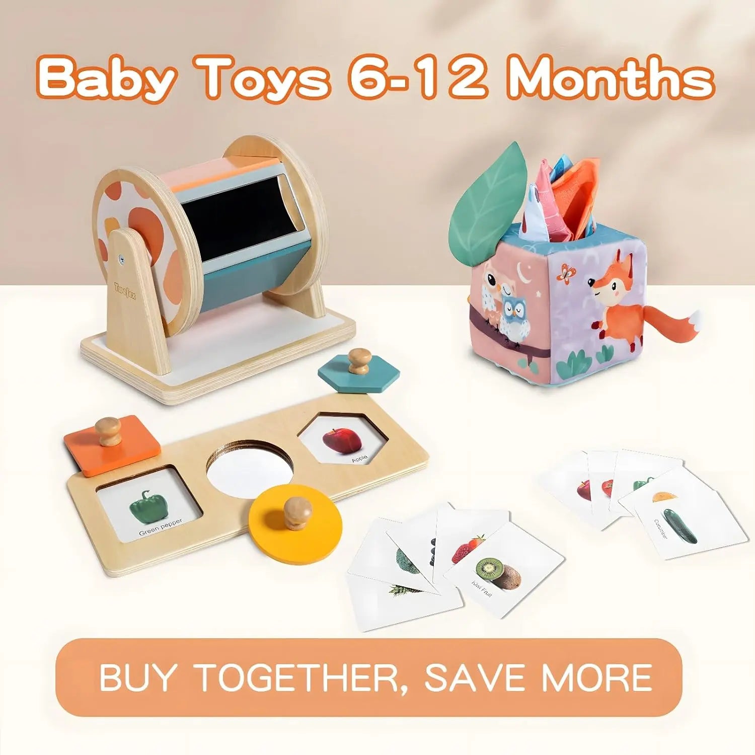 Baby Toys 6-12 Months - 3-in-1 Montessori Play Kit (Spinning Drum + Tissue Box + Puzzle)
