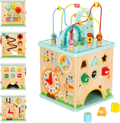 Montessori Activity Center for Babies - 5-in-1 Sensory Play Cube with Bead Maze & Shape Sorter