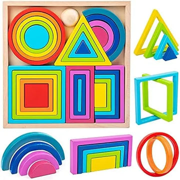 Montessori Rainbow Stacking Toy - Wooden Geometric Sorter (Ages 1-3)