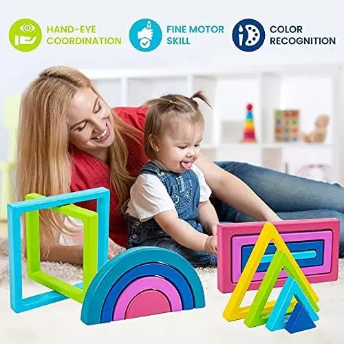 Montessori Rainbow Stacking Toy - Wooden Geometric Sorter (Ages 1-3)
