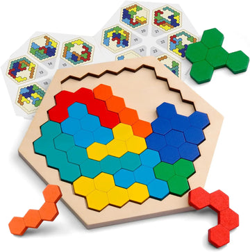 Wooden Hexagon Puzzle Game - Tangram Brain Teaser for Kids & Adults (STEM Educational Toy) Coogam