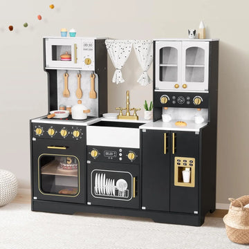 Wooden Play Kitchen for Kids - Realistic Toy Set with Lights, Sounds & 14 Accessories