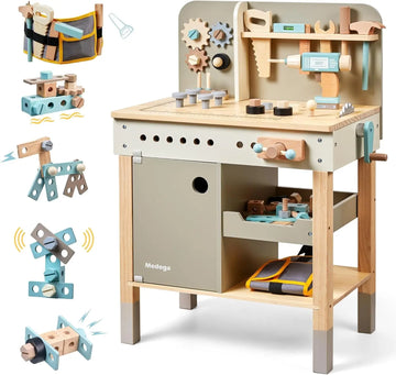 Wooden Tool Bench for Toddlers - Complete Pretend Play Set with Tool Belt (Ages 3-5)
