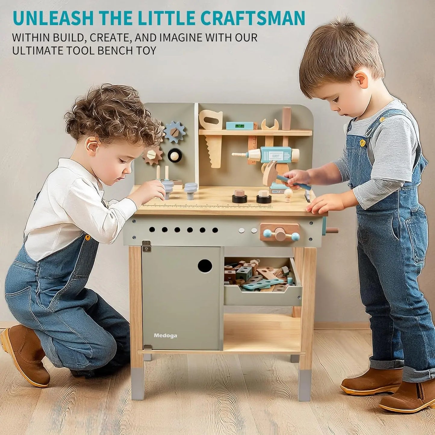 Wooden Tool Bench for Toddlers - Complete Pretend Play Set with Tool Belt (Ages 3-5)