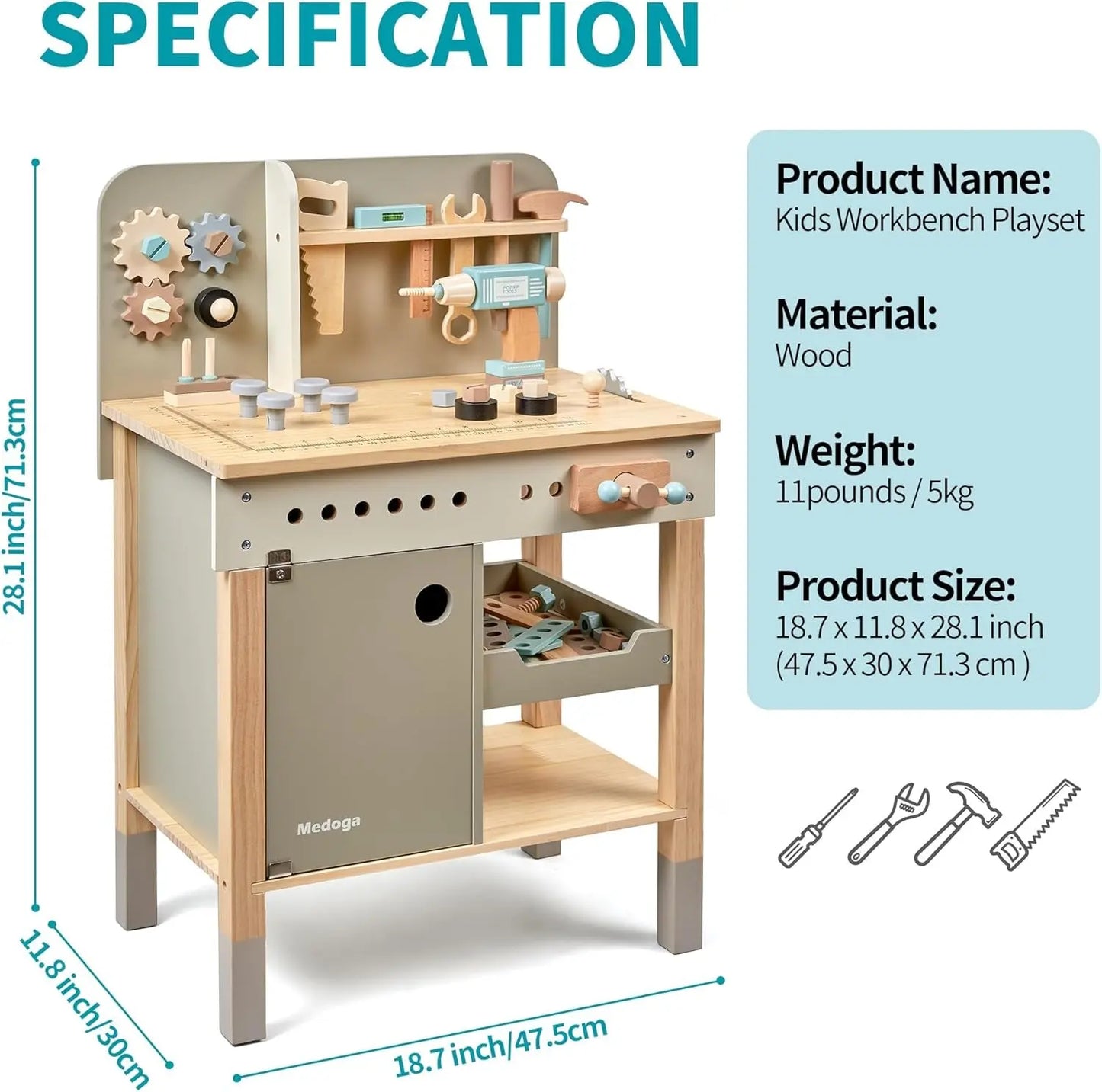 Wooden Tool Bench for Toddlers - Complete Pretend Play Set with Tool Belt (Ages 3-5)