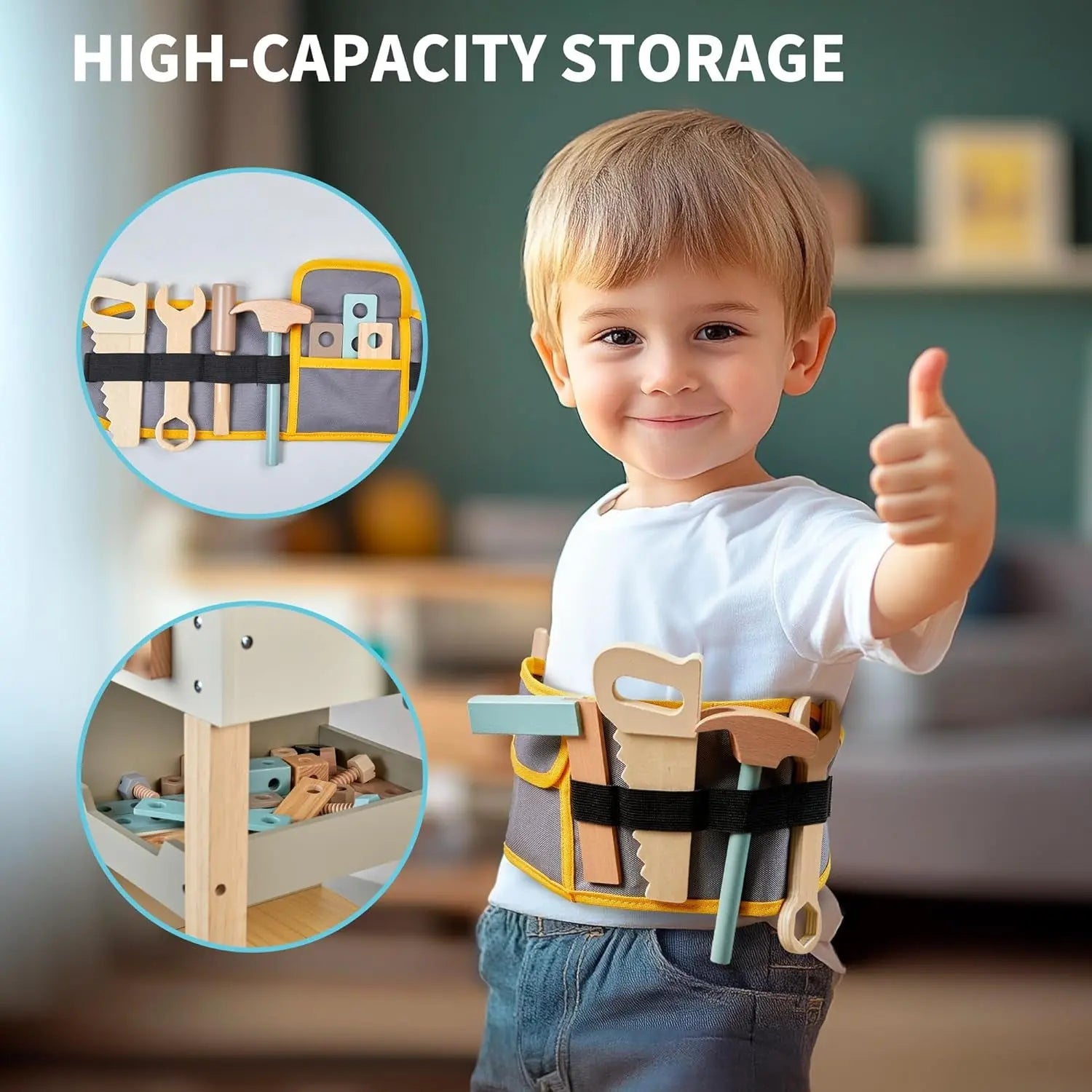 Wooden Tool Bench for Toddlers - Complete Pretend Play Set with Tool Belt (Ages 3-5)