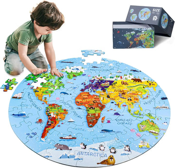 World Map Puzzle for Kids - 70-Piece Round Floor Puzzle (Ages 4-8) DIGOBAY