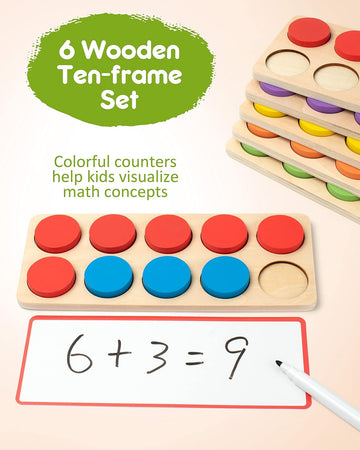 Wooden Ten-Frame Set Math Manipulatives for Kindergarten Elementary 1St 2Nd Grade Homeschooling, Addition and Subtraction Montessori Math Games for Chirldren, Counters Toys for Kids Ages 3-8